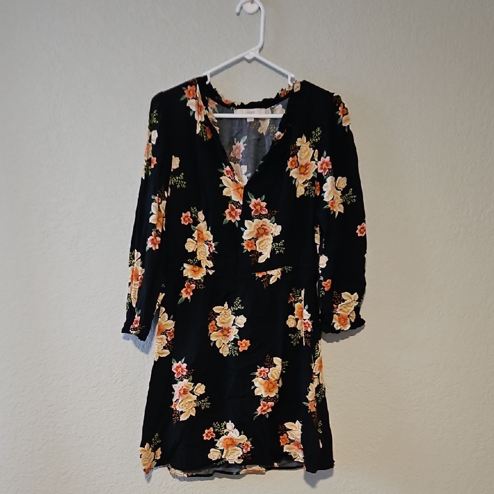 LOFT Black Floral Mini Dress Size M – Orange & Yellow Print, 3/4 Sleeve